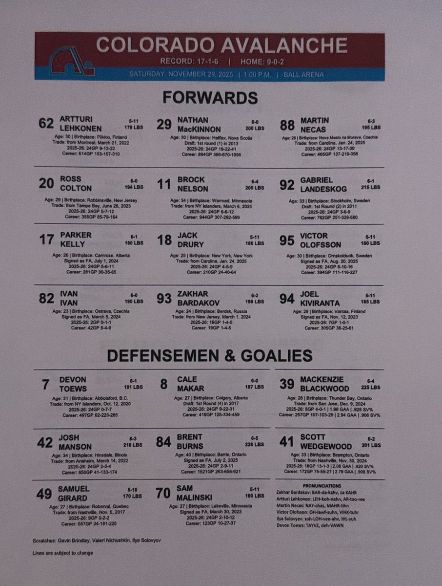 FerPucksSake's tweet image. #GoAvsGo lineup vs #GoHabsGo