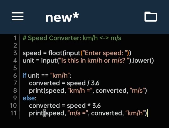 MarvisObinwa's tweet image. Speed converter
km/hr ›› m/s
m/s ›› km/hr

#100DaysOfCode #90DaysOfPython #speedconverter #pythonfresher