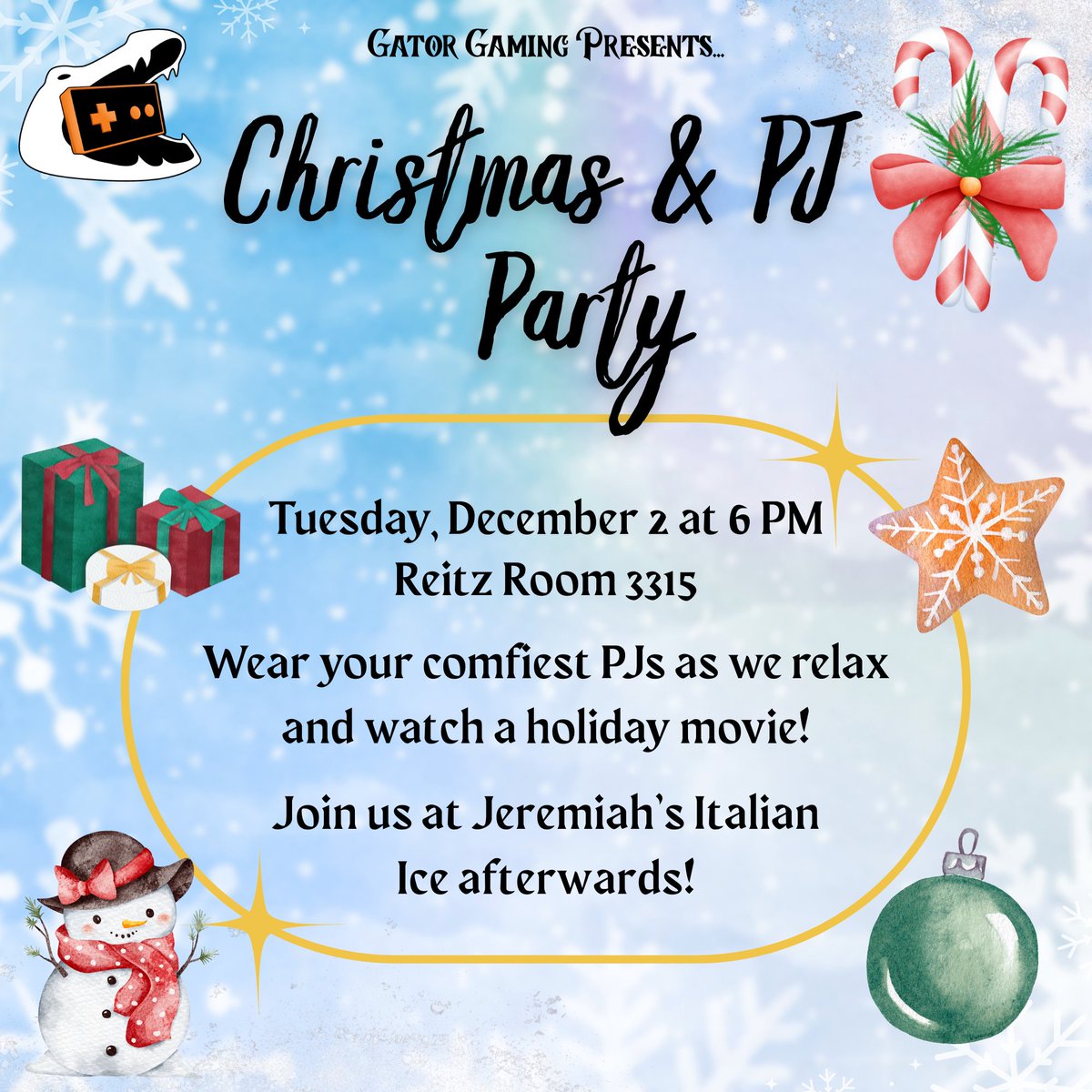 Join us for our final meeting of the 2025 year! Find us in Reitz 3315 on Tuesday, December 2 at 6 PM!

Wear your comfiest PJs as we watch a holiday movie and take a good break before finals!

Plus, we'll be heading to Jeremiah's Italian Ice afterwards!

Hope to see you there!