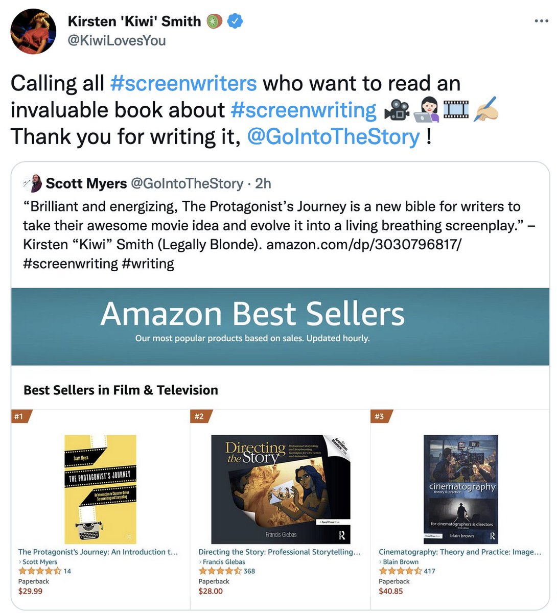 GoIntoTheStory's tweet image. “I absolutely loved this book and will be using it as an essential tool for making my next script the best it can be.” – Kirsten “Kiwi” Smith (Legally Blonde, 10 Things I Hate About You, She&apos;s the Man, Ella Enchanted, The Ugly Truth). bit.ly/44qjPFO #screenwriting