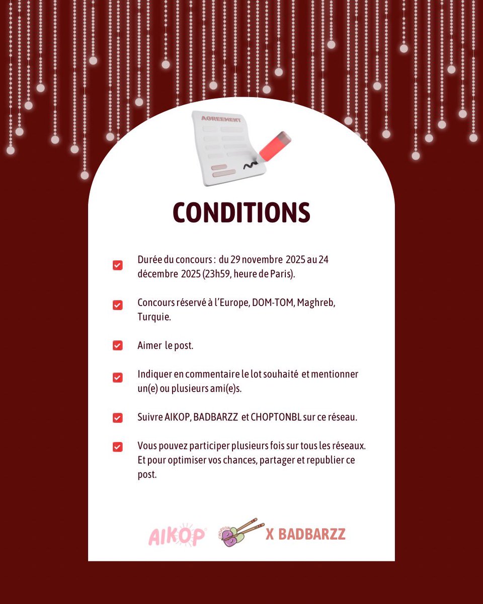 CHOPTONBL's tweet photo. _

⟣ 𝐂 𝐎 𝐍 𝐂 𝐎 𝐔 𝐑 𝐒   |   𝐆 𝐈 𝐕 𝐄 𝐀 𝐖 𝐀 𝐘 ⟢

Que diriez-vous de célébrer les fêtes de fin d’année tous ensemble ? 

@aikop_boutique , @o_zesarock et votre association @CHOPTONBL vous offre la possibilité de vous faire plaisir en participant à ce fabuleux concours !

__

🎁 | 5 LOTS à gagner (5 gagnants)
🗓 | Du 29 novembre au 24 décembre inclu
📍 | IG - Tiktok - X
🌏 | Europe, DOM-TOM, Maghreb, Turquie
🍀 | Good Luck !

Vous pouvez aussi participer sur d’autres réseaux via ces liens : 
IG : https://t.co/LMiO2ZIHIX
TK : https://t.co/6Xo1QY8YCt

Toutes les conditions sont sur les affiches.