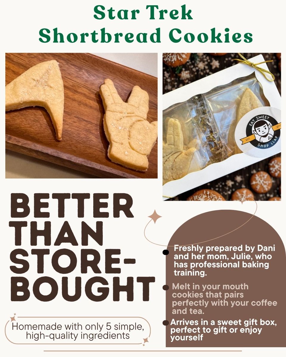 Trekkies! Treat yourself or a fellow fan to our homemade Star Trek-inspired shortbread cookies, crafted by @shopllap and her mom, <a href="/JulieNimoy/">Julie Nimoy</a>. These cookies are not just a snack; they’re a tribute to Leonard’s sweet tooth. Available for shipping in the US—order now on our site!