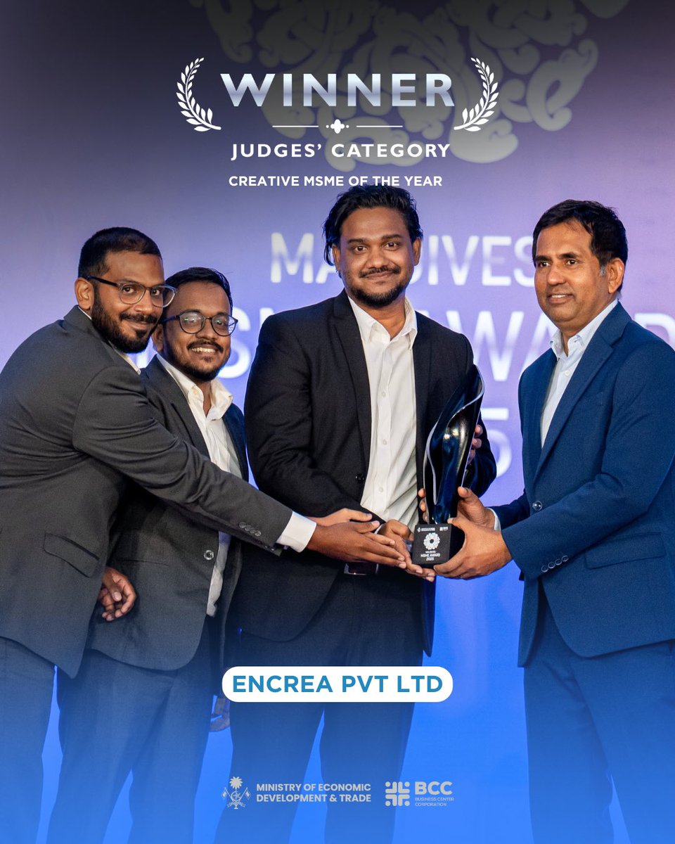 BCC_mv's tweet image. Congratulations Encrea Pvt Ltd!
Winner of Creative MSME of the Year at the Maldives MSME Award 2025.
Honouring outstanding creativity, design leadership, and impactful contributions to the creative sector.
@MoEDmv @encreastudio 
#bcc #msmeaward2025 #dhiveheenahiskan