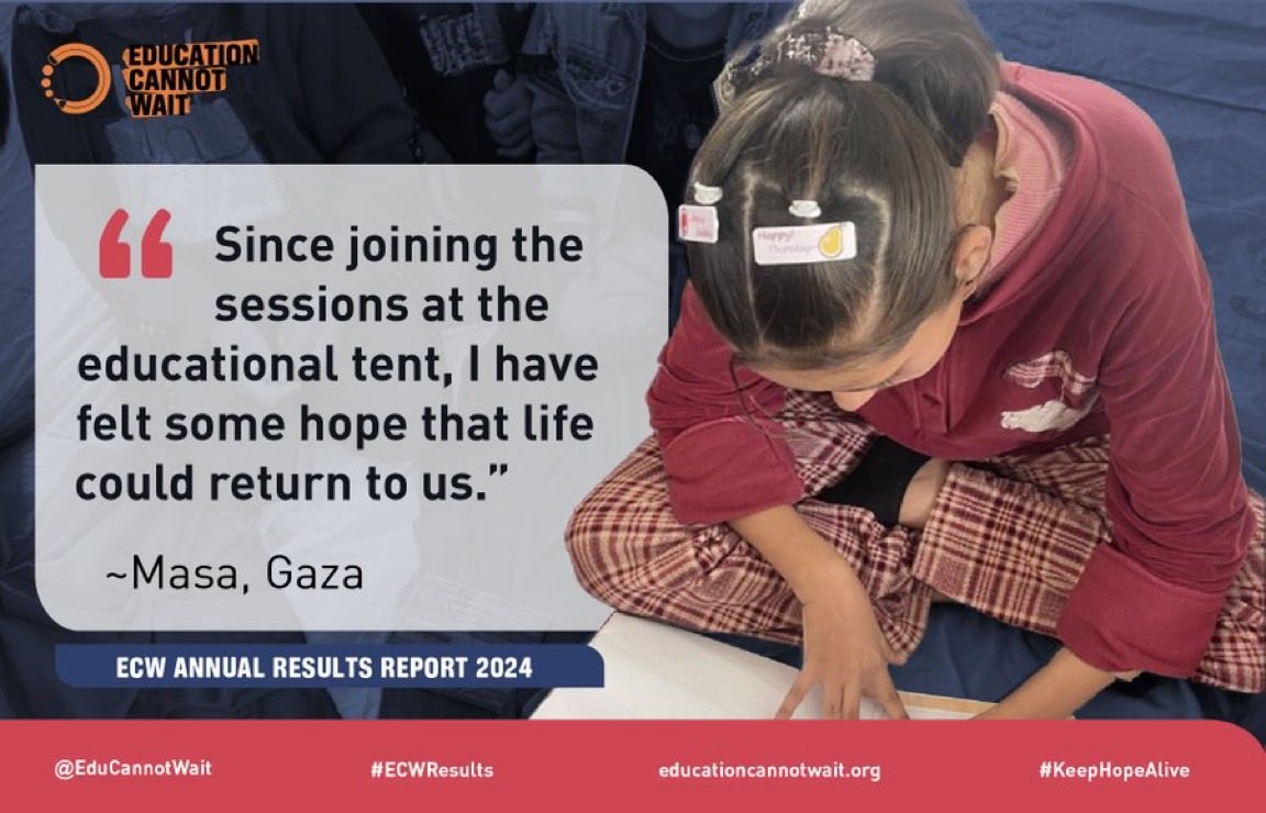 EduCannotWait's tweet image. “I always felt isolated &amp;amp; distressed. Since joining the sessions at the educational tent, I have felt some hope that life could return to us.” ~Masa, #Gaza

#ECW &amp;amp; strategic partner support has reached Masa and 14M other children caught in crises around the world!

Read Masa’s…