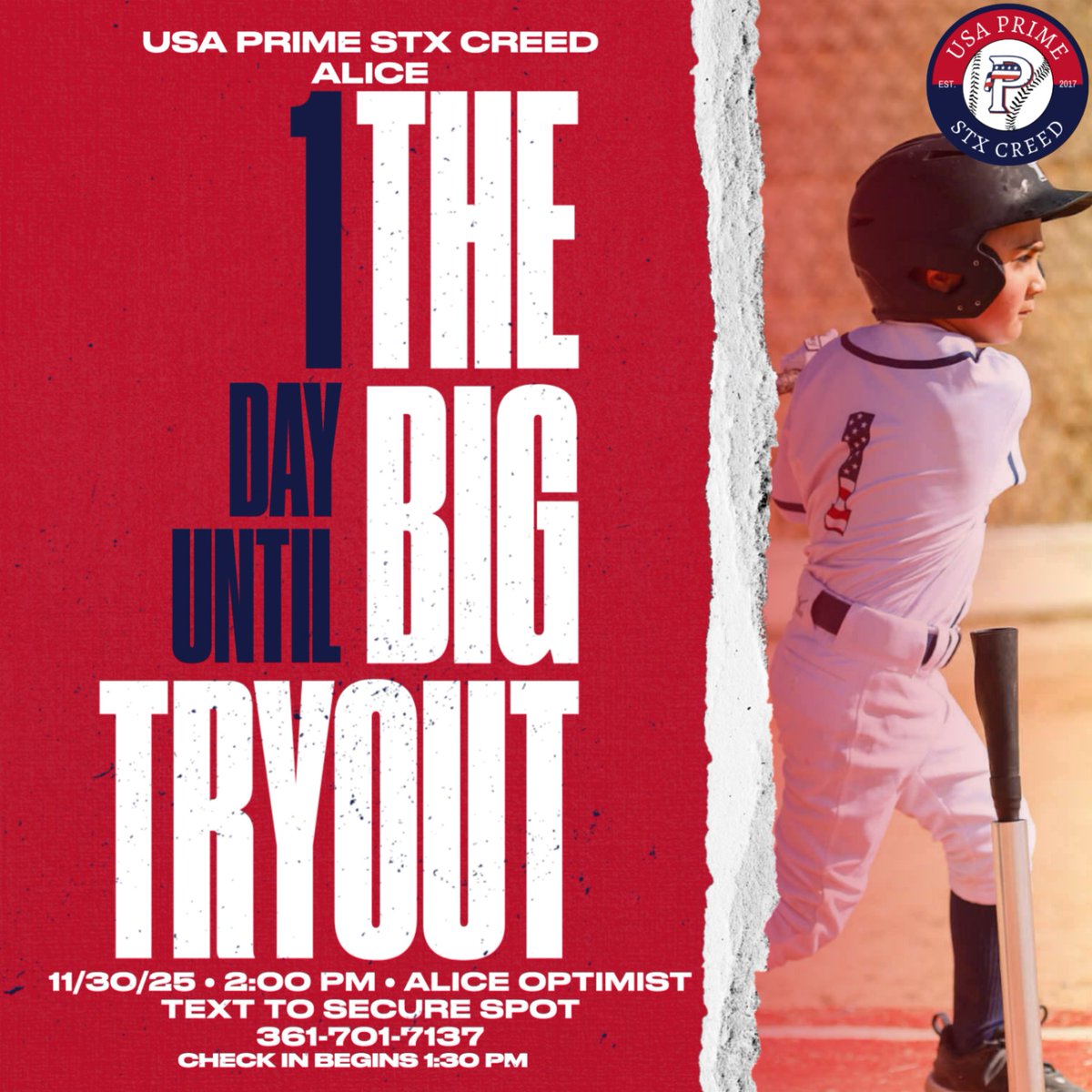⏳ 1 DAY LEFT!
Tomorrow is the day!
📅 11/30 • ⏰ 2–4 PM
📍 Alice American Optimist Field
4U–18U
🔗 forms.gle/oVUasZuhkQzxg5…

Let’s get to work! 🔴⚪️🔵⚾