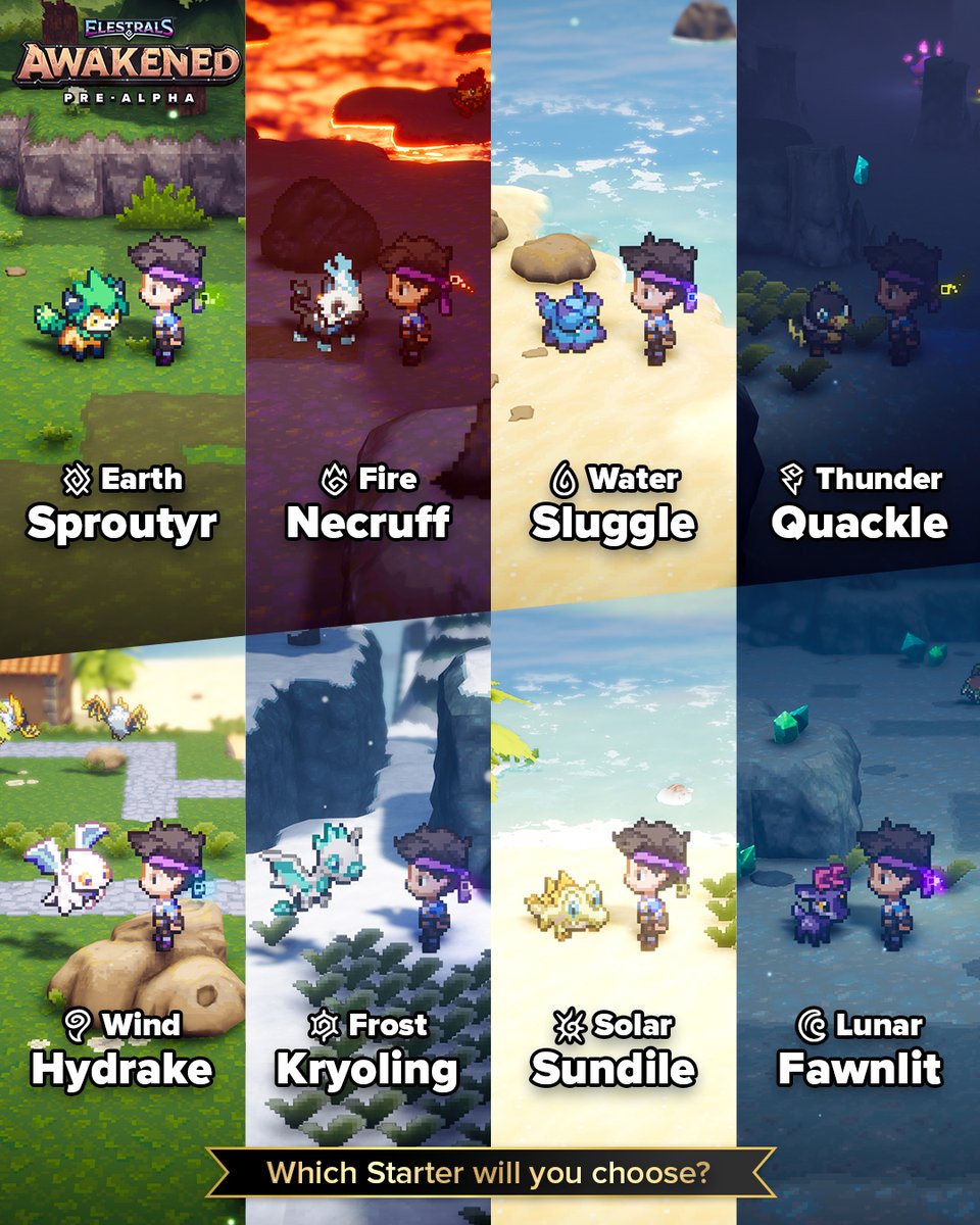 Many Casters are setting off on their first adventure in the #ElestralsAwakened Pre-Alpha! ✨

Everyone begins their journey with one of the eight Elemental Starters! 
Which one would you choose? 🍃🔥🌊⚡🌪️❄️☀️🌙