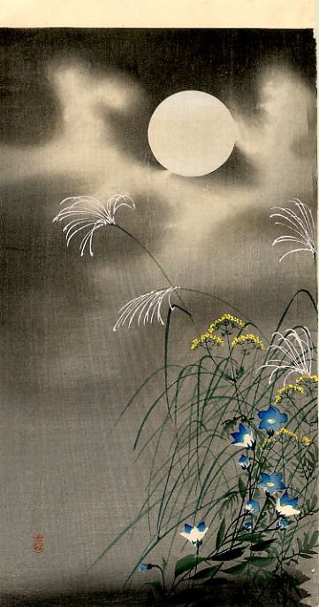 JapanTraCul's tweet image. Moon and Blue Flowers, by Ohara Koson, late 19th-early 20th century