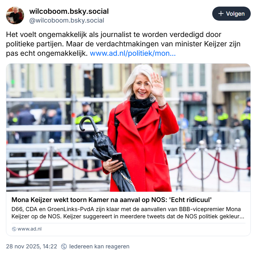 Wilco Boom — die als politiek verslaggever van de NOS het boek "De ruk naar rechts" schreef (deels onder werktijd?) — vindt "de verdachtmakingen van minister Keijzer (...) echt ongemakkelijk." Mooi, dat ongemak bij Boom... Die "verdachtmakingen" berusten namelijk op feiten.