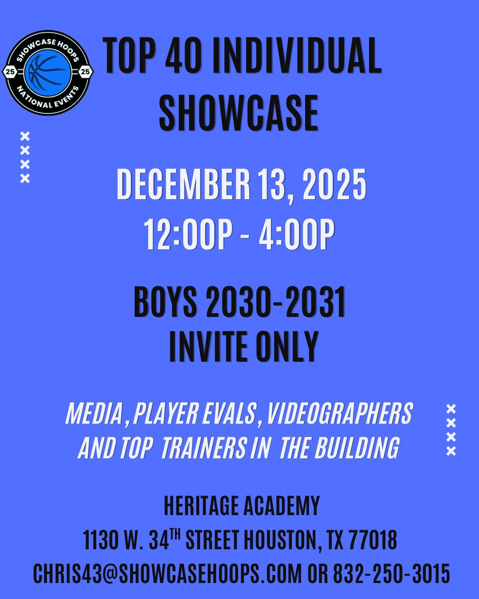 Top 40 Individual Showcase December 13 in H-Town. Boys 2030-2031 with advanced 2032’s will be in the building. Tag someone who needs an invite