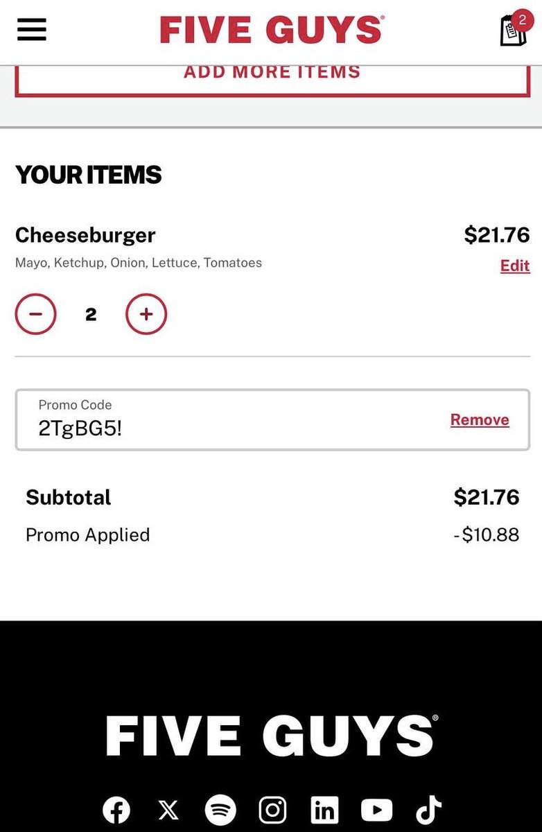 GlitchedDeals's tweet image. FIVE GUYS BURGERS BOGO PROMO

Buy one Burger get another Burger FREE!

Use promo code: ‘2TgBG5’

Works ONLINE ONLY on any of their Burgers

Expires tomorrow night