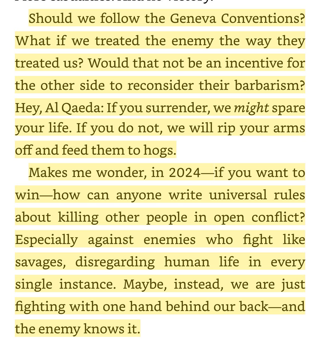 AnnaBower's tweet image. “Should we follow the Geneva Conventions?” Pete Hegseth asked in his 2024 book.

It’s almost as if the signs were there all along.