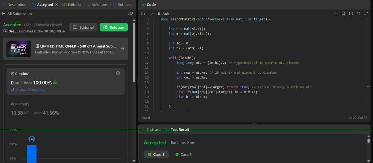 github_devloper's tweet image. Today&apos;s Grind Update (Day 19) ✅

&amp;gt;&amp;gt;Back again after 1 month.
&amp;gt;&amp;gt; Revised Binary Search and solved 3 medium problems to rebuild the flow.
&amp;gt;&amp;gt;From today, consistency is non-negotiable — showing up daily, no excuses.
&amp;gt;&amp;gt;CP will continue in a few days.
#DSA #TUFWinterArc #buildinpublic