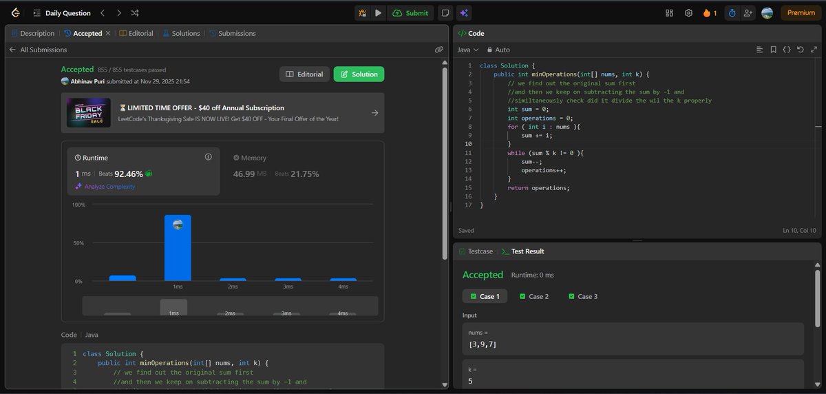 abhinavpuri_x's tweet image. Today I:
• Continued solving problems on GFG and LeetCode and one of them took me less than 2 minutes to crack! 
• Appeared for my END SEM Civil exam.
• Studied for my upcoming Electronics exam.
• Planned to study oops the next day!
#leetcode #100DaysOfCode #GFG #DSA #Java