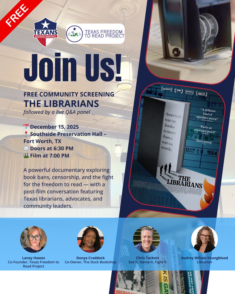 TXNSDD's tweet image. 📚 Save the Date!
On Dec. 15, TDD is hosting a free screening of The Librarians at Southside Preservation Hall in Fort Worth — followed by a live Q&amp;amp;A panel with librarians + literacy advocates.

🎟️ Ticket link coming next week.
Follow us so you don’t miss out!
#FreedomToRead