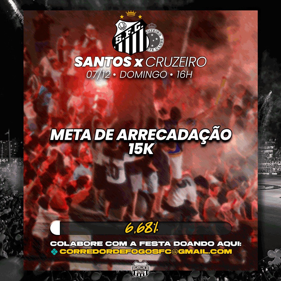 Organizacao1912's tweet image. 🔥 TERRITÓRIO HOSTIL! Iniciamos mais uma arrecadação para realizar o apoio a instituição Santos Futebol Clube na Vila Belmiro, desta vez contra o Cruzeiro pelo Brasileirão 2025
PIX: corredordefogosfc@gmail.com

(51.905.978 Gustavo de Souza ou Corredor de Fogo SFC - Nubank)