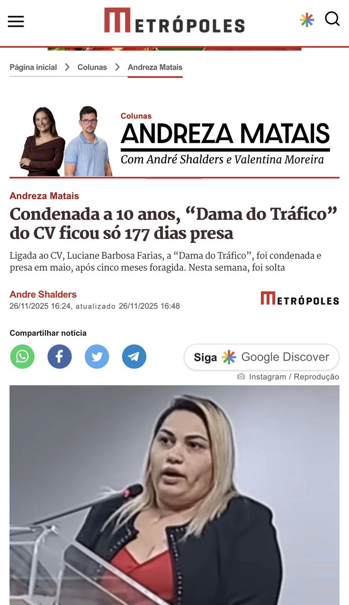 Depois de recebida em Brasília com tapete vermelho pelo desgoverno do ex-presidiário (só no Ministério da Justiça e (In)Segurança Pública do senhor Lewandowisk ela esteve duas vezes, se não me engano), a “Dama do Tráfico” volta a desfrutar de liberdade após cumprir menos de 6