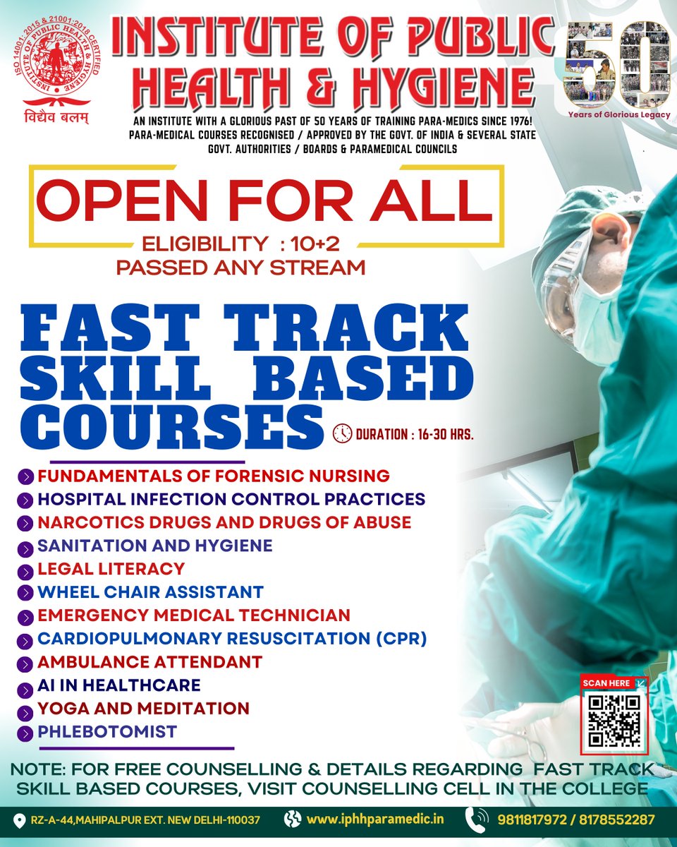 IphhParamedic's tweet image. 🎓 Open For All! Skill Up for a Better Tomorrow 🚑
🔥  Join the Fast Track Skill-Based Courses at the IPHH Delhi.
⏱️ Course Duration: 16–30 hours
📍 Hands-on, practical learning with industry relevance
📞 9811817972 | 8178552287

#IPHH #HealthcareSkills #SkillIndia