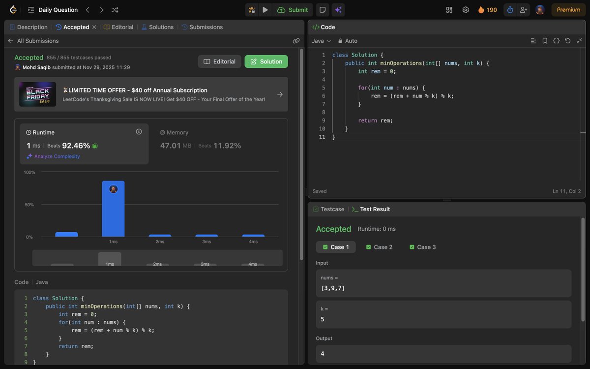 Mohd_Saqib_'s tweet photo. 🚀 Day 493 of Code 🚀

Solved :

✅ 3512. Minimum Operations to Make Array Sum Divisible by K

#Day493 #LeetCode #DSA #ModularArithmetic #ProblemSolving #Algorithms #ArrayProblems #100DaysOfCode https://t.co/lqRfaVYlz6