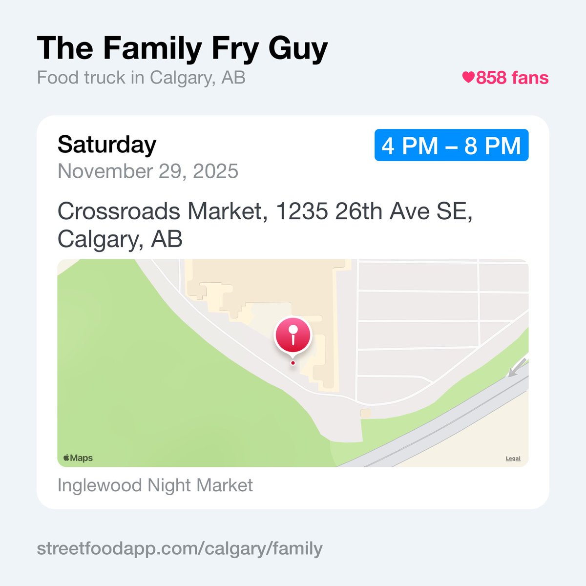 We're open Saturday Nov 29 from 4 PM - 8 PM at Crossroads Market, 1235 26th Ave SE, Calgary, AB.  Come out and try our Christmas Poutine 😋 

streetfoodapp.com/calgary/family