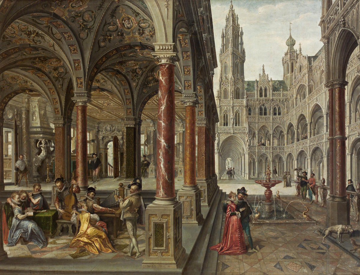 billKoudounas's tweet image. Palace architecture with musicians (1596) by Hans Vredeman de Vries (1527 – c. 1607) was a Dutch Renaissance architect, painter, and engineer (Kunsthistorisches Museum, Vienna Austria)