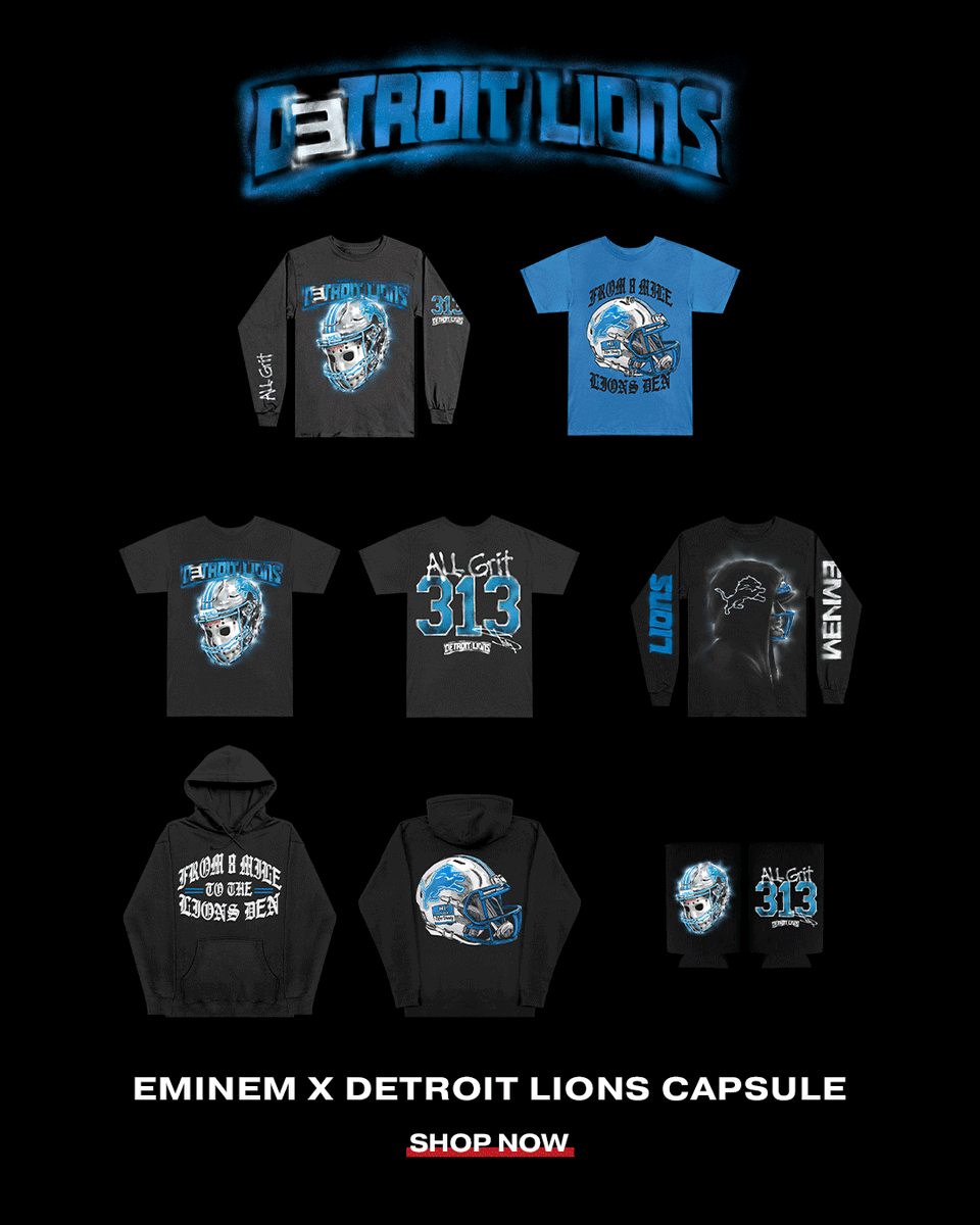 Eminem's tweet image. &apos;Till I Collapse! Eminem x Lions Capsule available in-store at Lions Supply inside Ford Field and @momsspaghetti. Online at shop.eminem.com and shop.detroitlions.com.