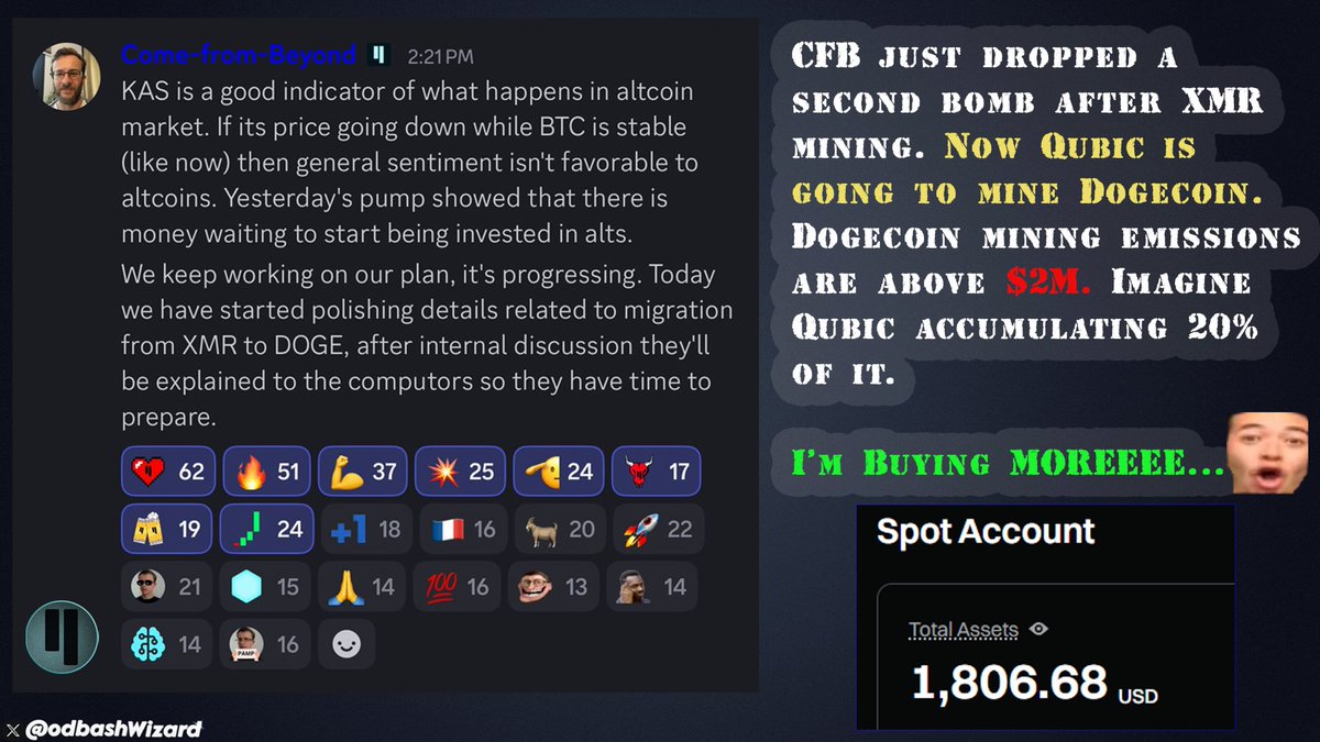 odbashWizard's tweet image. Can you name a coin that can mine another coin using its own infrastructure? I know about $QUBIC. Unlike $BTC, with its $𝟏.𝟖𝐓 market cap, which cannot mine other coins or generate self-funding money, QUBIC at just a $𝟏𝟎𝟎𝐌 market cap, can mine other coins, reaching weekly…