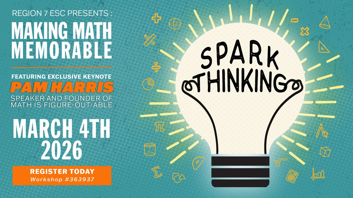 Region7ESC's tweet image. 💡 Making Math Memorable

Join us for a day focused on sparking student thinking and lasting learning in math! Featuring keynote Pam Harris, founder of Math is Figure-Out-Able.

🔗 trst.in/tWDpU7

#Region7ESC #MakingMathMemorable #R7Math #SparkThinking #PamHarris