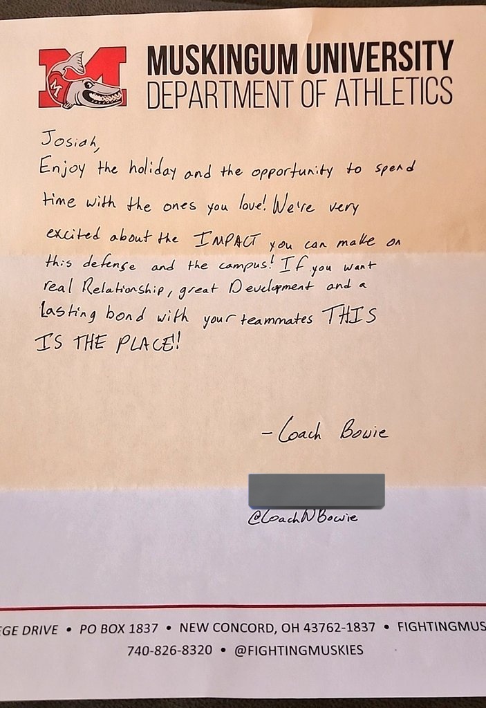 Thank you, <a href="/CoachNBowie/">Nehemiah Bowie</a> at <a href="/MuskingumFB/">Muskingum Football</a>, for the hand written letter!

<a href="/keegan_linwood/">Keegan Linwood</a> <a href="/OldhamFootball/">Oldham County Football</a>