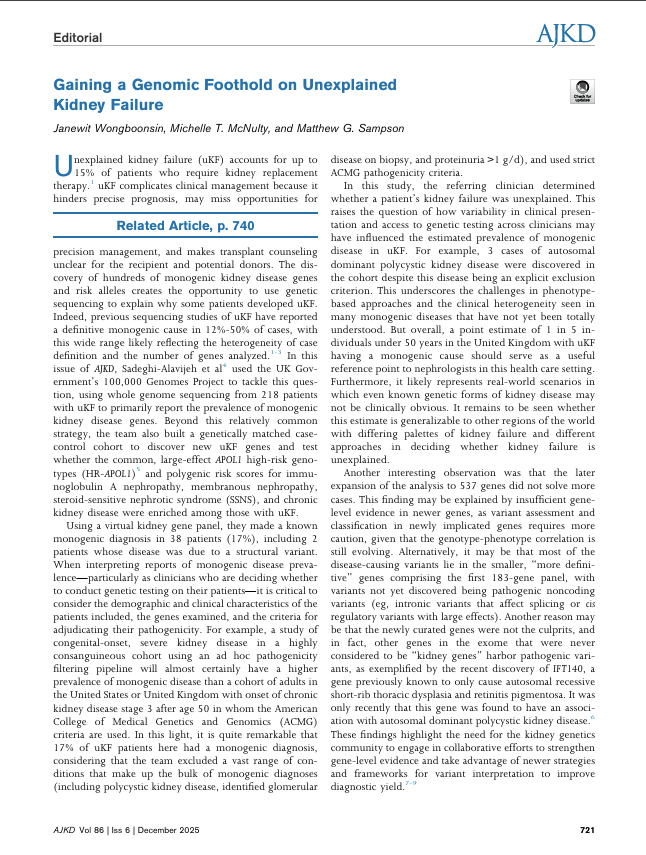 AJKDonline's tweet photo. @drmelaniechan @GTDoctor EDITORIAL: Gaining a Genomic Foothold on Unexplained Kidney Failure

@janewitwong @m_t_mcnulty @kidneyomicsamps 

https://t.co/pYh5imfCq6 (FREE) https://t.co/g1sABbZ9Ou