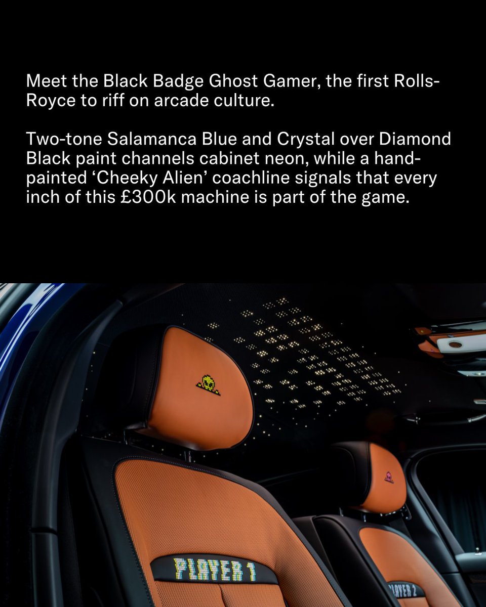 manofmany's tweet photo. Insert coin, meet Rolls-Royce’s first arcade-inspired masterpiece 🎮
Black Badge Ghost Gamer pairs Salamanca Blue paint with an 80-ship Pixel Blaster headliner, hidden Easter eggs and ‘Player 1’ seats. Proof that the 8-bit age can still feel ultra-modern.
#manofmany #RollsRoyce #GhostGamer #BlackBadge #8bit #LuxuryCars #CarCulture #Arcade
Images: @rollsroycecars