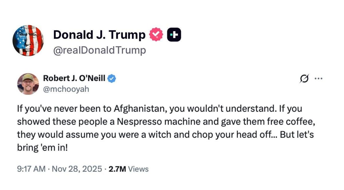 EricLDaugh's tweet image. 🚨 BREAKING: President Trump just posted an absolute TRUTH NUKE

&quot;If you showed [Afghans] a Nespresso machine and gave them free coffee, they would assume you were a witch and chop your head off...but let&apos;s BRING &apos;EM IN!&quot;

Trump is livid that these Afghans were allowed in en…