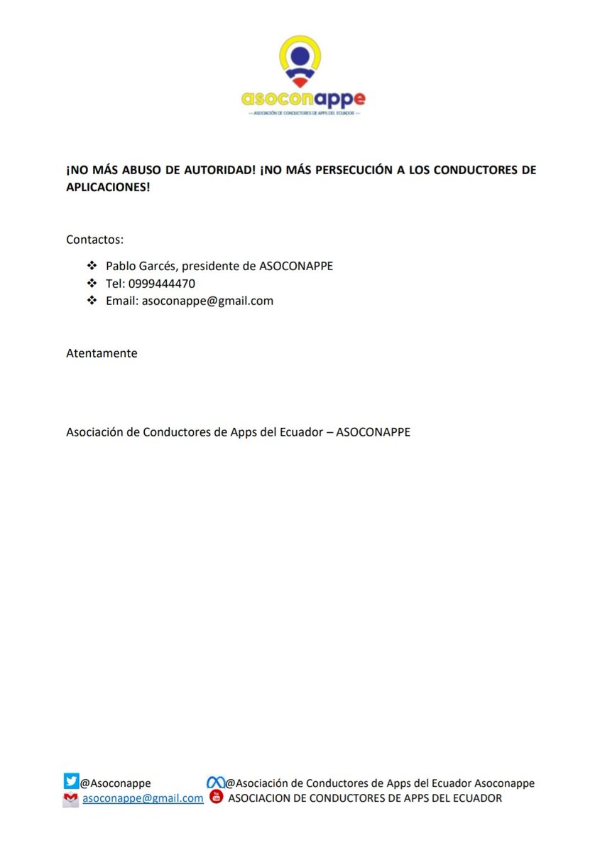 ¡#URGENTE! 
ASOCONAPPE denuncia abuso de autoridad y persecución a #conductores de #apps en #Cuenca. ¡No más abuso! ¡No más persecución! #ASOCONAPPE
#Ecuador 
#NoAlAbusoDeAutoridad #DerechosConstitucionales 106-20-IN/24 
#Ley #ConductoresUnidos 
#Uber #Didi #InDrive