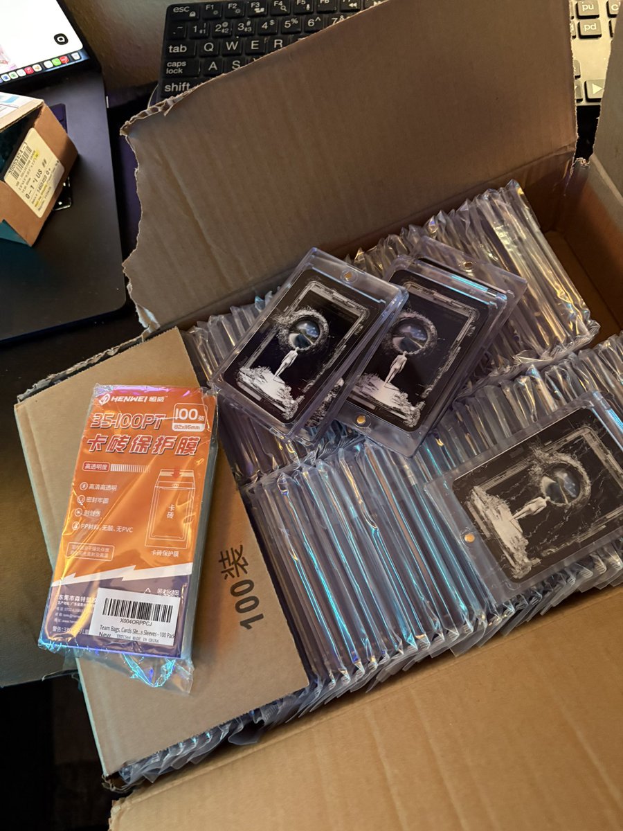 So box of 100 protective magnetic cases sleeves came &amp; Hope you know much I love my collectors &amp;  want to give you something valuable !!

Small hitch about this These are double wrapped &amp; with plastic bag &amp; shrink wrapped. So  having 1 1/2 hands makes this a hard thing to do LFG