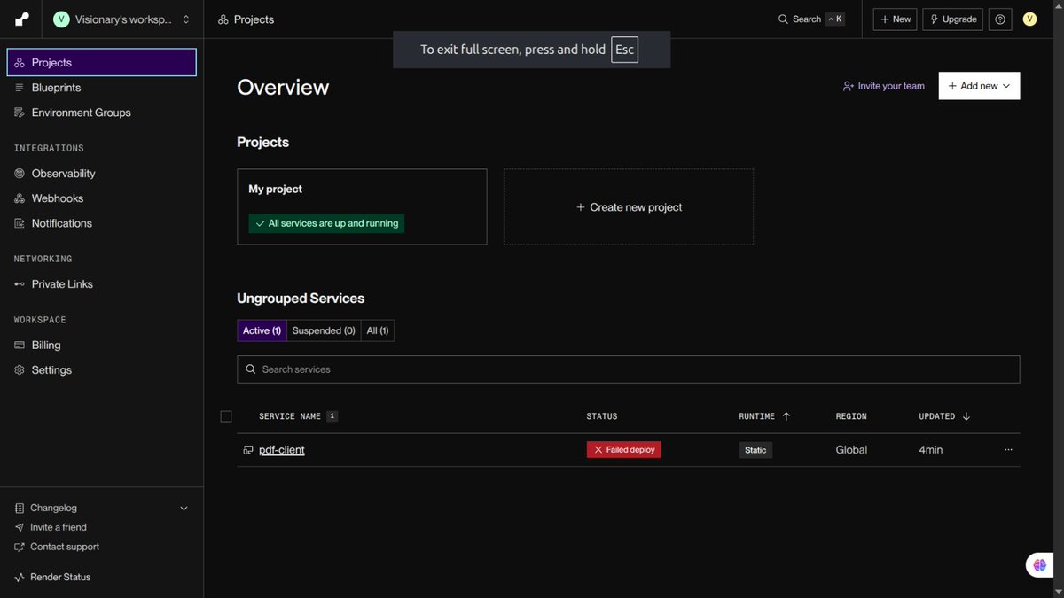 visionarycoders's tweet photo. Next.js project “tools” deployed successfully.
But after refresh… poof — gone from dashboard. 🤷‍♂️
Now when I try to recreate it →
“tools already exists”
So project is alive in backend,
but UI doesn’t show it anywhere (Active / All / Suspended).
@render 
@programmerviva https://t.co/8P9rJ7pAmf