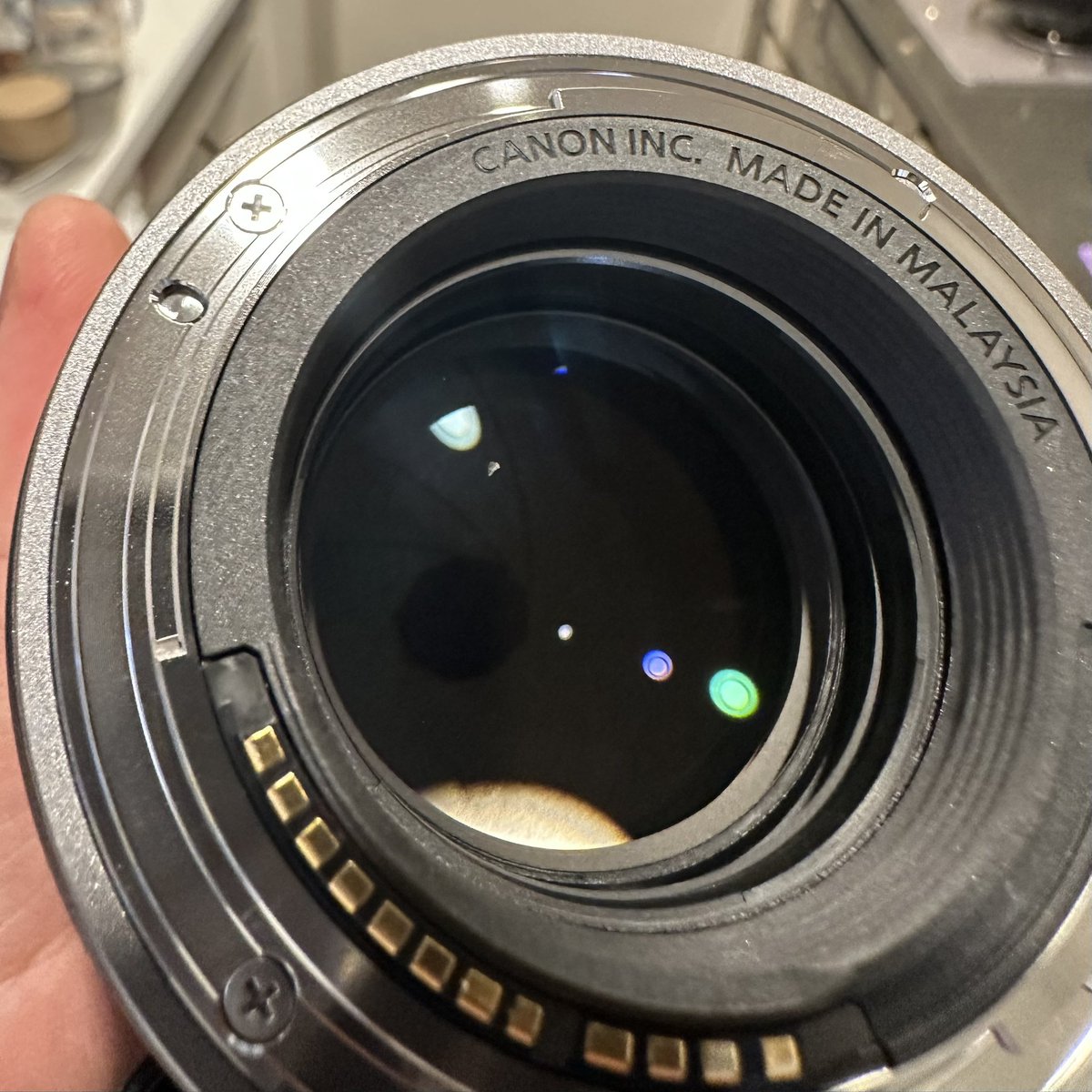 sheepconductor's tweet photo. CANONのRF45mm f1.2
発売日に届いたのでウキウキで開封したのですが、後玉の多分内側に、とても目立つキズ又はゴミが混入しており、絶望している。
掃除しようにも取れないのです。
他の方は大丈夫でしょうか。
交換してもらうにしても、いつ届くかわからないので不安。 https://t.co/ByI66DAJWc