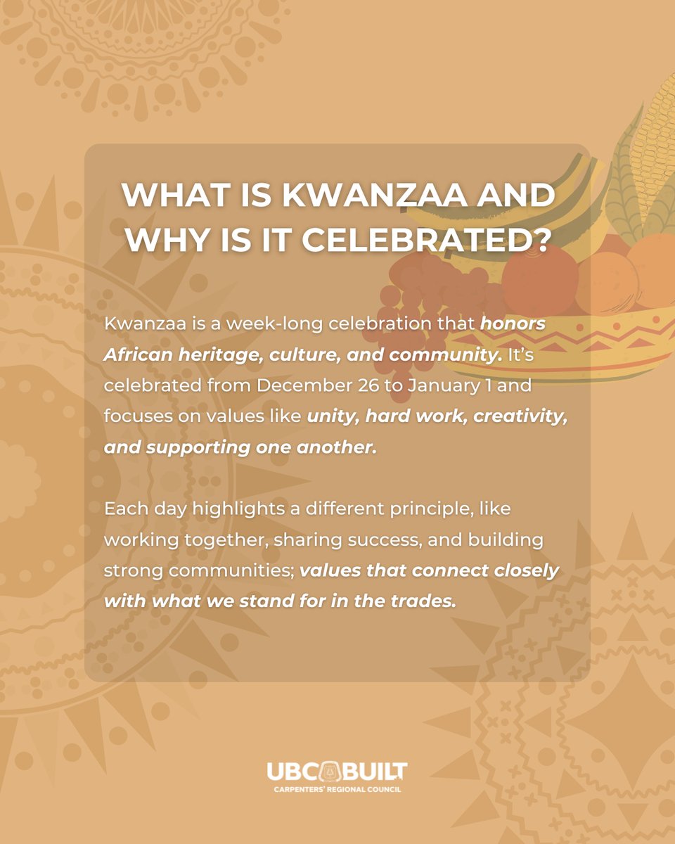 Honoring the values that bring people together:
Unity, hard work, and community.
A time to reflect, celebrate, and recognize the strength that comes from working together. The same values that build strong communities also build strong crews.

#Kwanzaa #UBCBuilt #UnionStrong