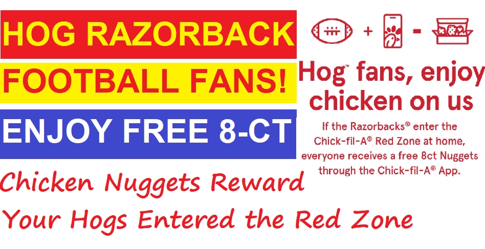 FreeStuffinder's tweet image. HOG RAZORBACK FOOTBALL FANS! Check Your Chick-fil-A App Before Midnight for Free Reward! Your Hogs Entered the "Red Zone" Against Missouri on 11/29/2025 - Now Everyone Gets Free 8 ct. Chicken Nuggets! Thanks for Supporting the Hogs - convertiblecarssearch.blogspot.com/2025/11/how-ch…