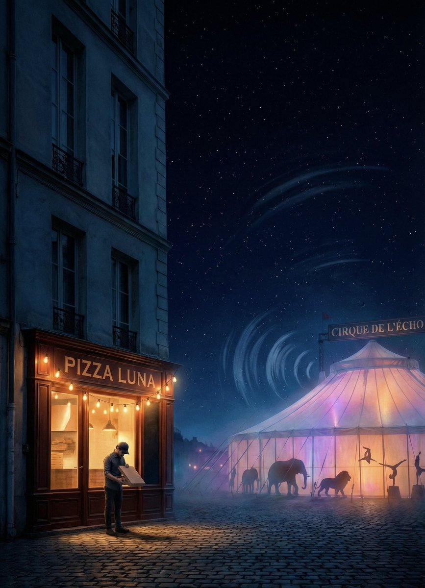 𝐏𝐢𝐳𝐳𝐚 𝐲 𝐜𝐢𝐫𝐜𝐨

Cuentan que las noches en que los animales del circo se descontrolaban, la pizzería de la esquina recibía más pedidos de lo habitual.
— ¿Cuántas pizzas pueden comer en ese lugar? —se preguntaba un empleado.
— Desde aquí se escucha el caos —agregaba otro.