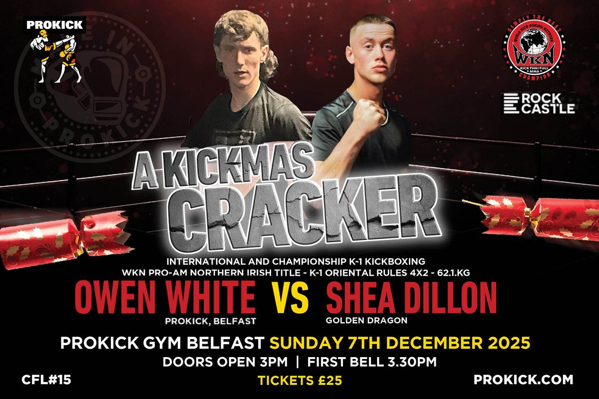 CFL 15 is on Sunday, 7th December at ProKick Gym, Belfast! Don’t miss two WKN title fights, four international K1 bouts, and a packed card featuring local and international talent, including the Ian Young vs. Uwe Menzzer trilogy decider. 
shop.prokick.com/products/the-t…