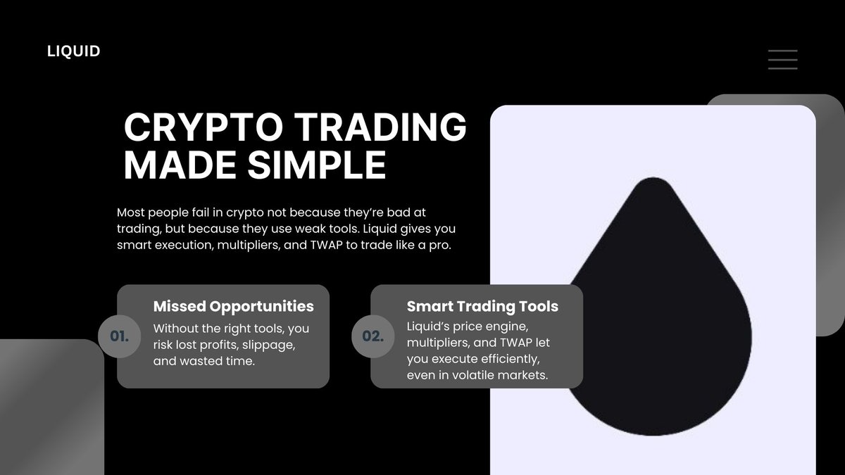 dimakuncik's tweet image. Most people don’t fail in crypto because they’re “bad at trading.”
They just use weak tools.

@liquidtrading changes the game.

✧ No need to watch charts 24/7 - the smart price engine executes orders fast and accurately
✧ Want more exposure without stress? Multipliers give you…
