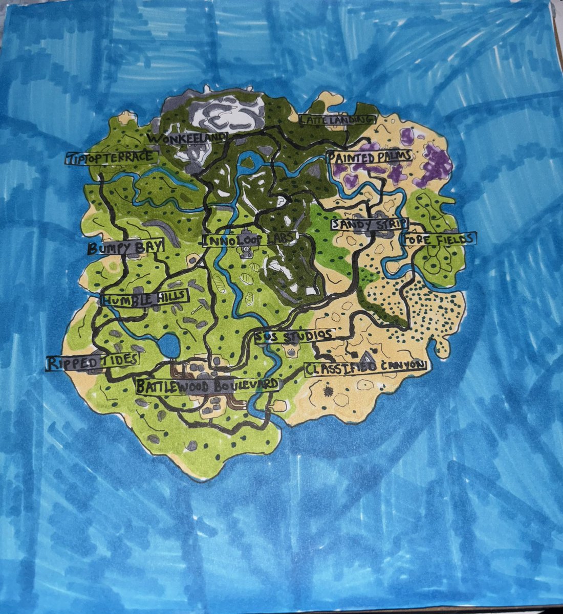 FNBRmapUpdates's tweet image. #Fortnite Chapter 7 Season 1

POI’s
———
Wonkeeland 
Tiptop Terrace
Innoloop Labs
Bumpy Bay
Painted Palms
Sandy Strip
Humble Hills
Ripped Tides
Battlewood Boulevard
Sus Studios
Classified Canyon
Fore Fields
Latte Landing

Other changes
———
The Foundations meteor has crashed onto…