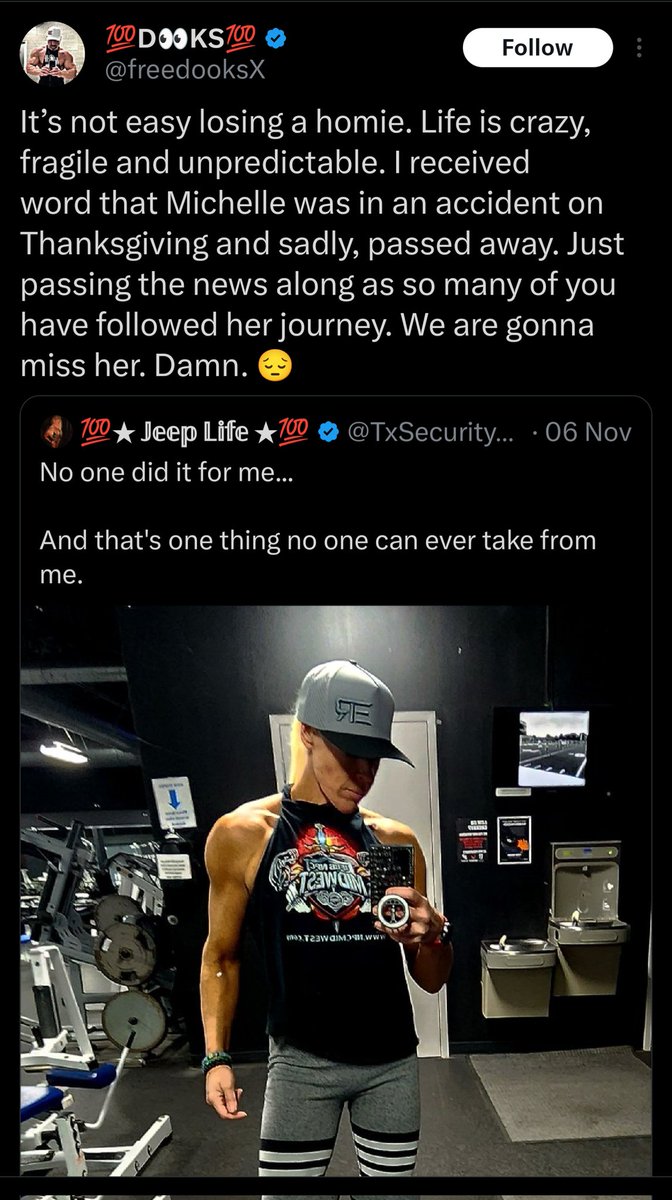 Tree_of_Logic's tweet image. While I was at the gym, TJ told me the devastating news that Michelle had died in a car accident on Thanksgiving Day. I&apos;m heartbroken. She and I were planning a gym collab for spring 2026. I feel so guilty for not staying in touch these past two months.

That&apos;s the thing about…
