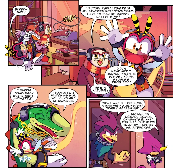 In IDW's Sonic the Hedgehog #48, it's revealed that Nite the Owl and Don the Rooster babysit Charmy Bee when a task is considered too dangerous.

...or if they need to return library books. Charmy is banned for life. 