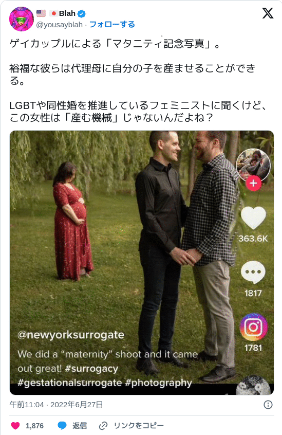 MORI_Natsuko's tweet image. 私の自由は減らなくても、ゲイカップルが他国の貧困女性を買い、赤ん坊を産ませていることを、私は許せません。それは母体の商品化、子供の人身売買です。そして、日本でもゲイカップルたちが、同性婚および代理出産を美化し、それを合法化させようと動いているのです。女性も赤ん坊も商品ではない！