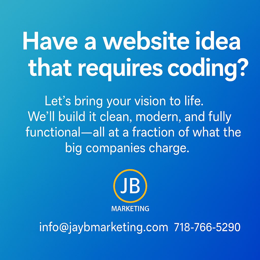 JBMarketinginc's tweet photo. If your website idea needs advanced coding, JB Marketing can handle it.
Custom layouts, smooth functionality, professional results.
Reach out today — let’s build something powerful. https://t.co/9LfLFi2esV