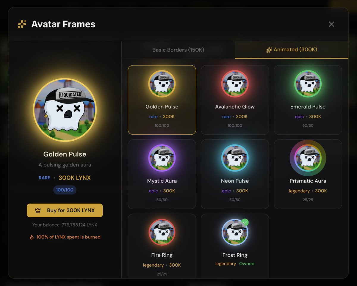 LynxGraph's tweet image. Your profile just got an upgrade.

Avatar Frames let you stand out with animated glows, pulsing auras, and limited edition borders.

Rarity tiers from Common to Legendary. Once they&apos;re gone, they&apos;re gone.

Oh, and we burn every token spent 🐈‍⬛