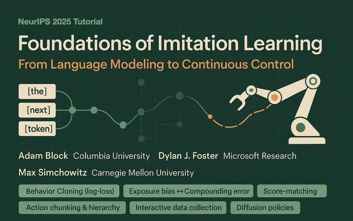 canondetortugas's tweet image. Happening this Tuesday 1:30 PST @ NeurIPS:

Foundations of Imitation Learning: From Language Modeling to Continuous Control  

A tutorial with Adam Block &amp;amp; Max Simchowitz (@max_simchowitz).