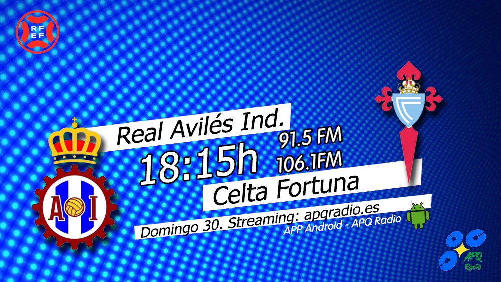 🔴HOY, EN LA BANQUETA DEPORTIVA🔴
🕕 18:15h (Previa desde las 18h)
🏟️ Román Suárez Puerta
⚽️ <a href="/RealAvilesInd/">Real Avilés Industrial</a> 🆚 <a href="/CanteiraCeleste/">Canteira Celeste</a>    
🎙️ <a href="/CESARLEOGARCIA/">CESAR CONSTANTINO</a> | José Luis Rodríguez Lozano
📻 91.5 - 106.1FM Asturias
🖥️ apqradio.es
📱 bit.ly/3oFv0HI