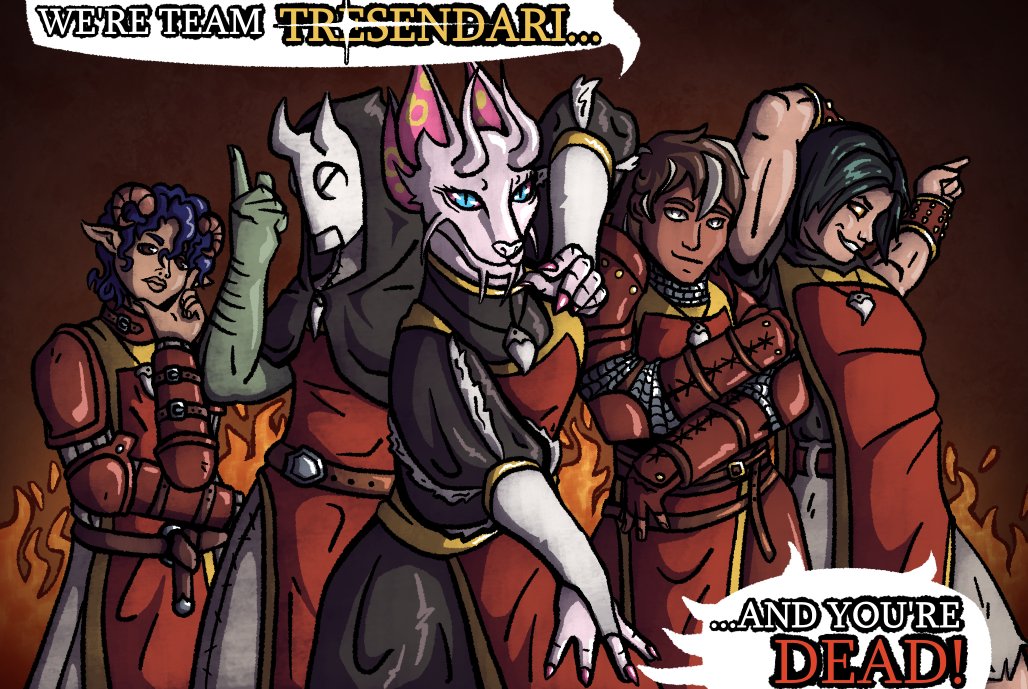 ComCalukiArt's tweet photo. Team Tresendari makes a habit of posing to intimidate our foes and dazzle our friends. Matching tabard pattern and cloaks of billowing pending!

#dndart https://t.co/3ZWUPRioPG