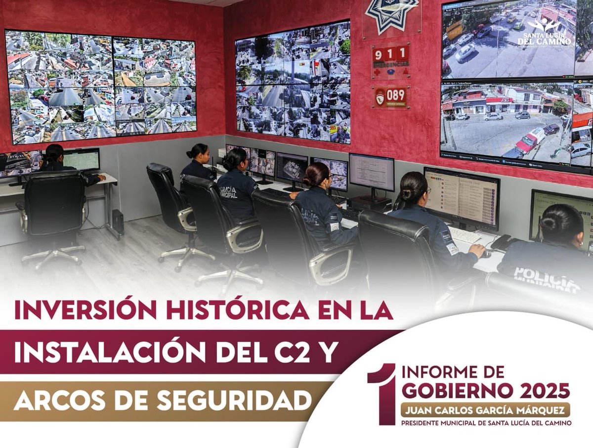 En el marco del #1erInformeDeGobierno, la administración de Juan Carlos García Márquez realizó una inversión histórica en seguridad: se amplió el C2 con 17 nuevos puntos de monitoreo y Arcos de Seguridad para proteger a las familias de Santa Lucía del Camino. 🚓
